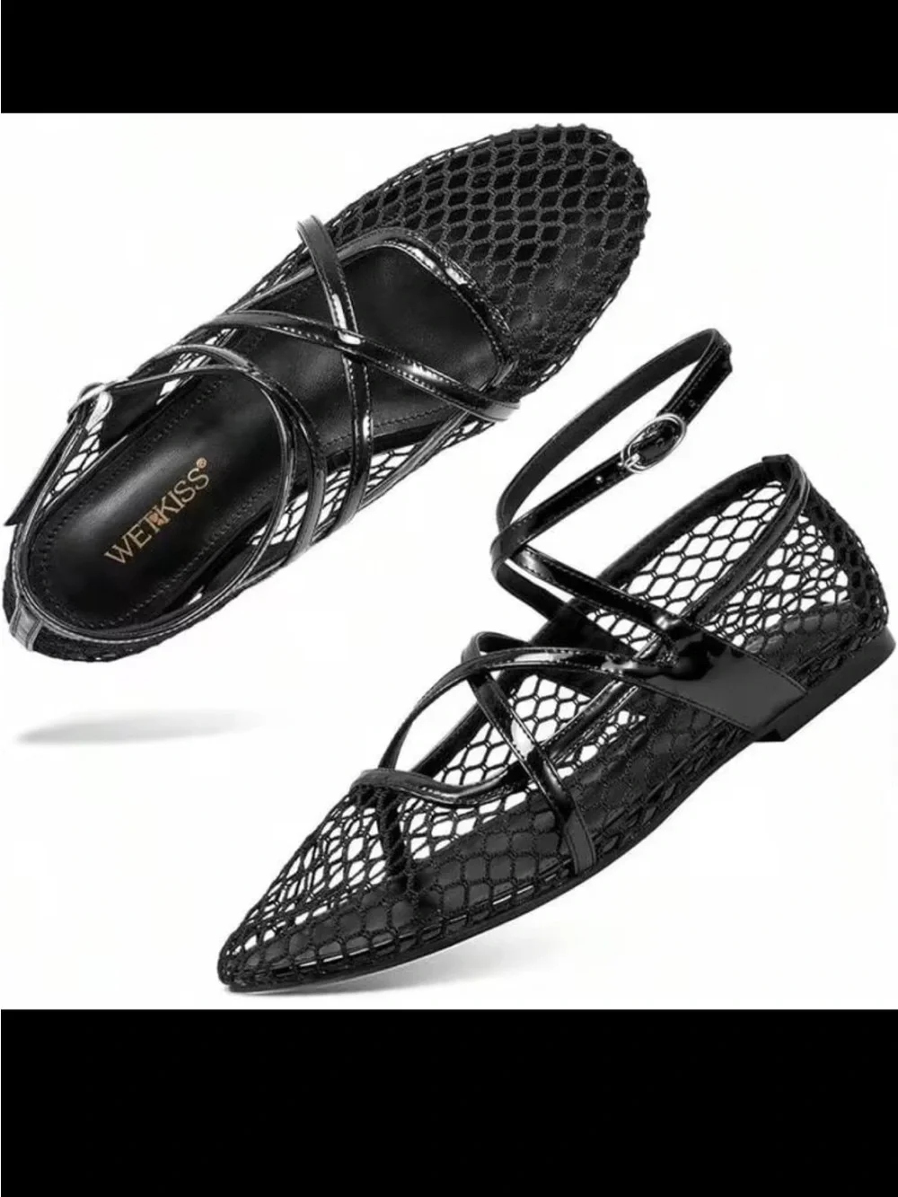 WetKiss Black Mesh Pointed Ballet Flats with Ankle Strap
